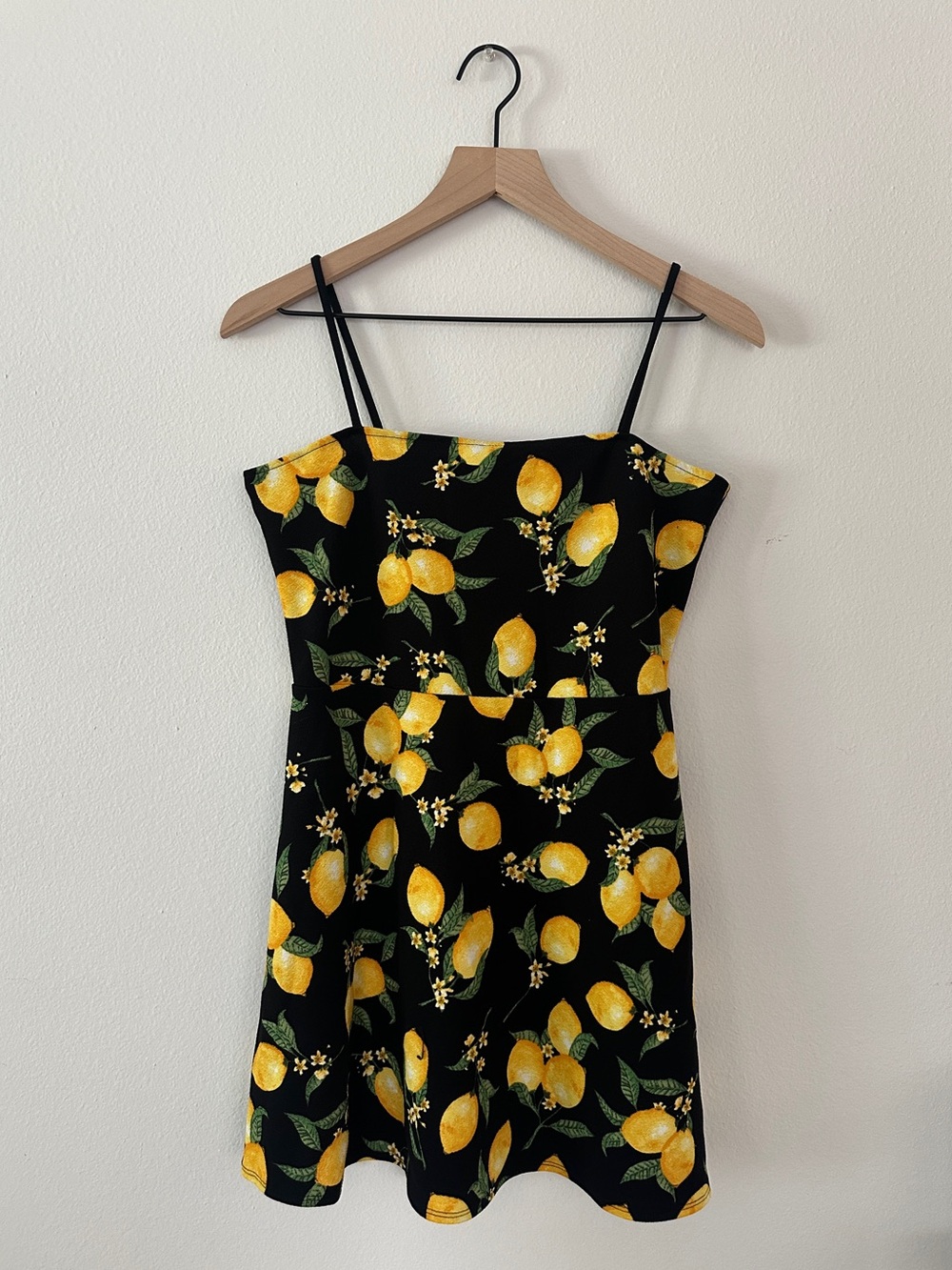 Black Lemon Print Spaghetti-Strap Dress